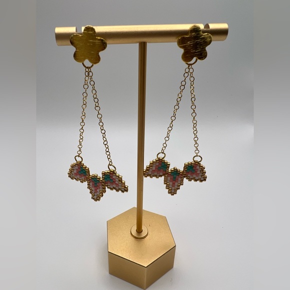 Delicate Gold Floral Dangle Earrings - Cute Beaded Flower Earrings - Picture 9 of 13